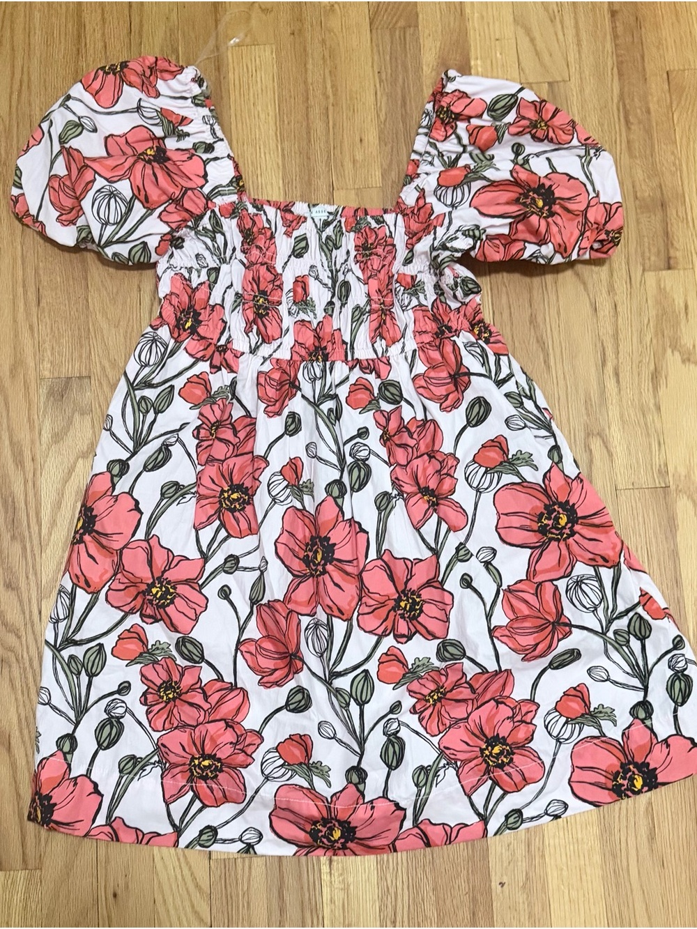 White Floral Puff-Sleeve Dress - Coral Pink Print